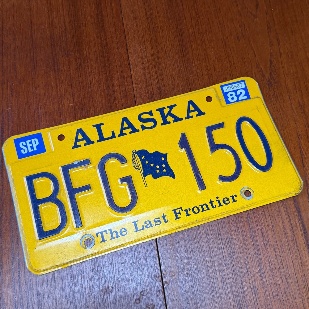 Alaska 1982 Vintage License Plate BFG 150 The Last Frontier Yellow Blue Decor